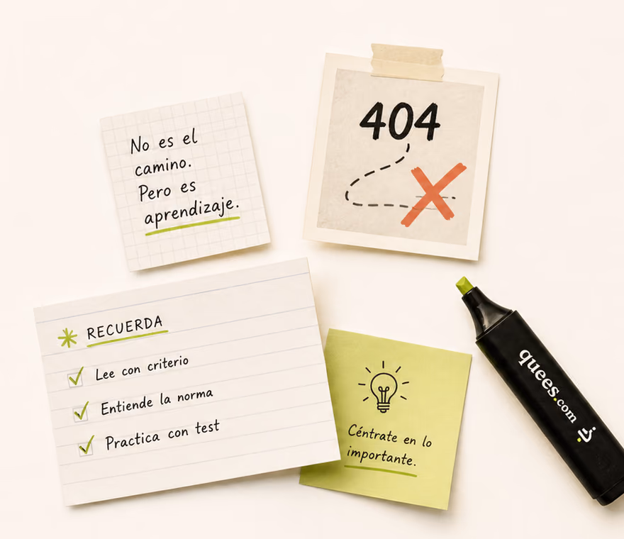 Notas de estudio con recordatorios, un 404 y un rotulador de quees.com.