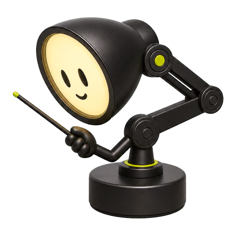 Punto, la lámpara flexo mascota de quees.com, señalando con un puntero